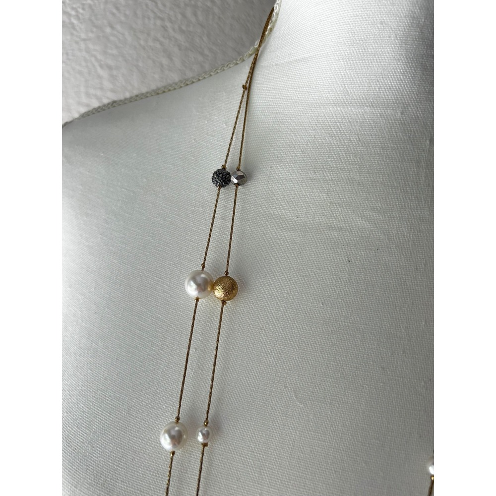 Gold Tone Layered Station Necklace Faux Pearl Black Bead Long Adjustable 37-40in - Picture 2 of 3